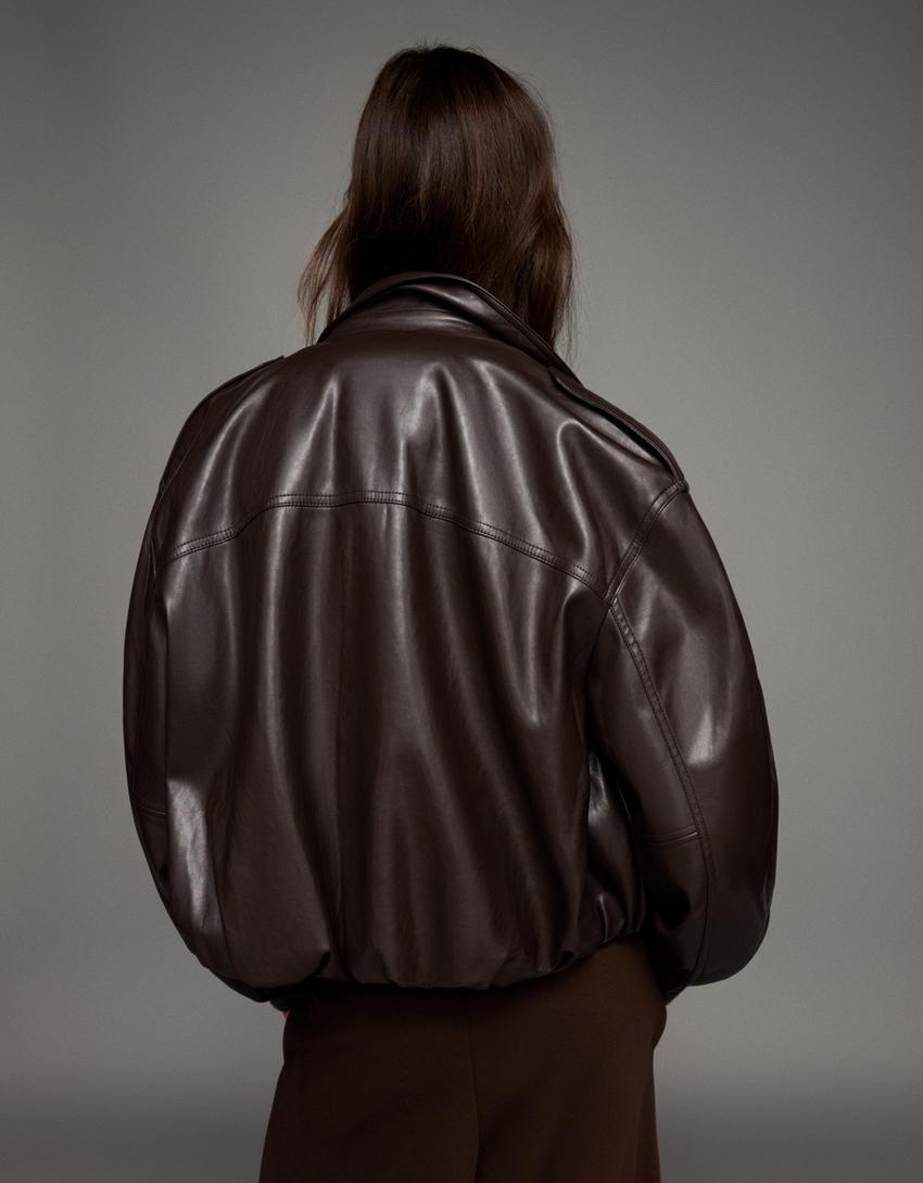 Giubbotto effetto pelle a palloncino-Marrone