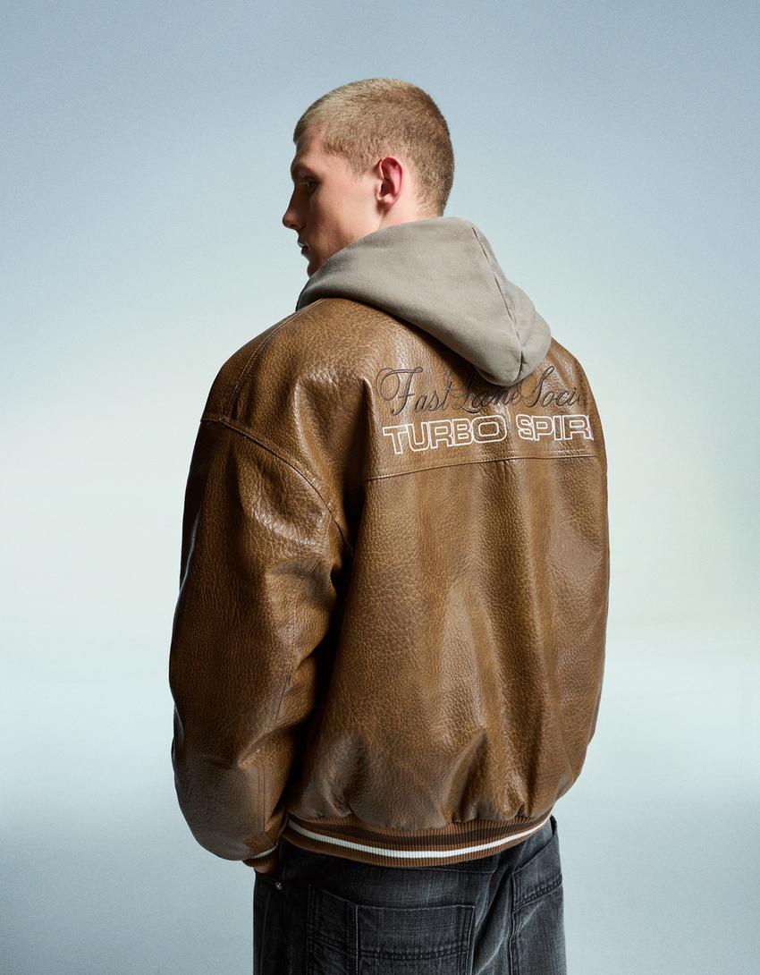 Leather effect embroidered jacket-Camel-1