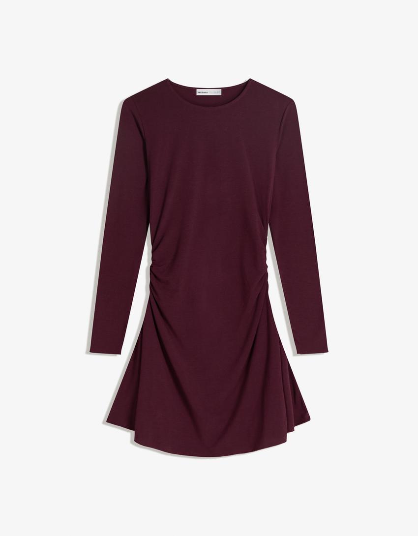 Vestido mini manga larga frunces-Burdeos