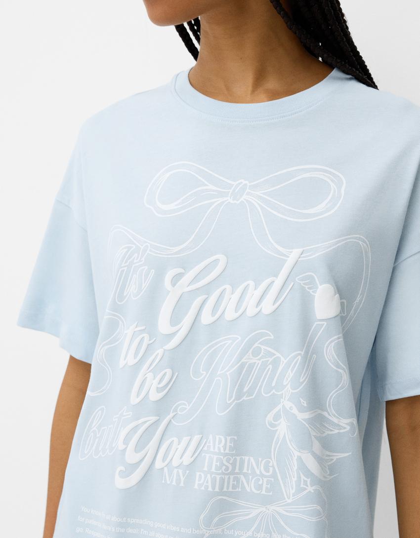 تيشرت فضفاض بأكمام قصيرة وطبعة-أزرق فاتح-5