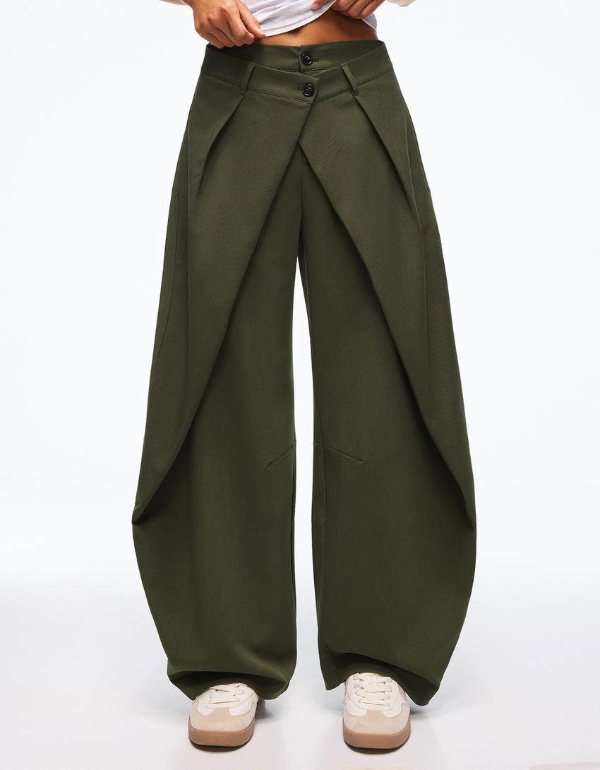 Celana panjang lipit kancing ganda-Khaki