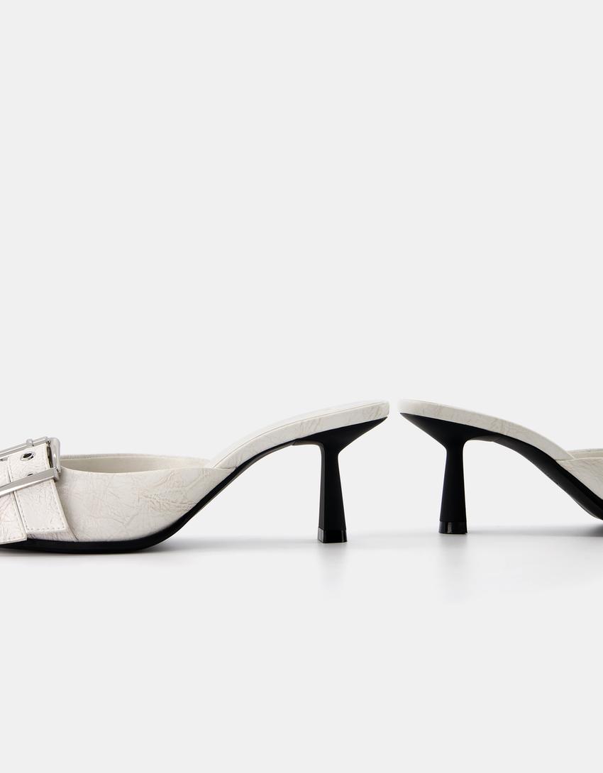 Kitten heel mules with buckle-WHITE