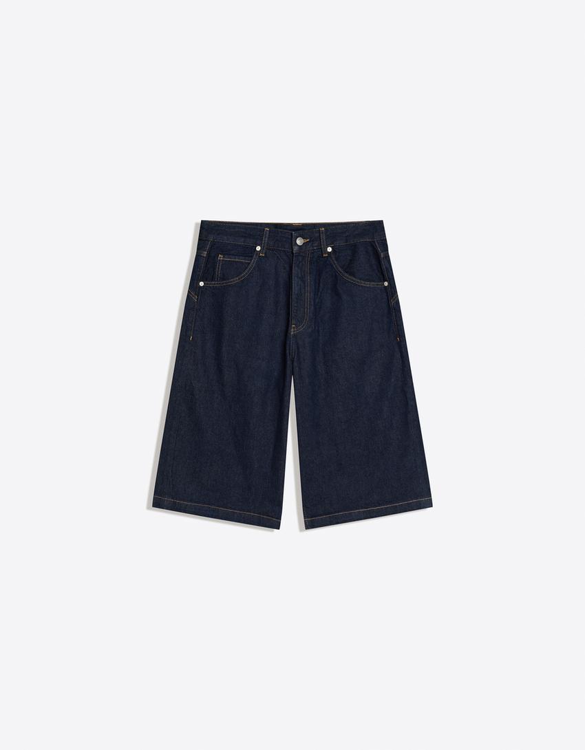 Embroidered denim skater Bermuda shorts-Navy