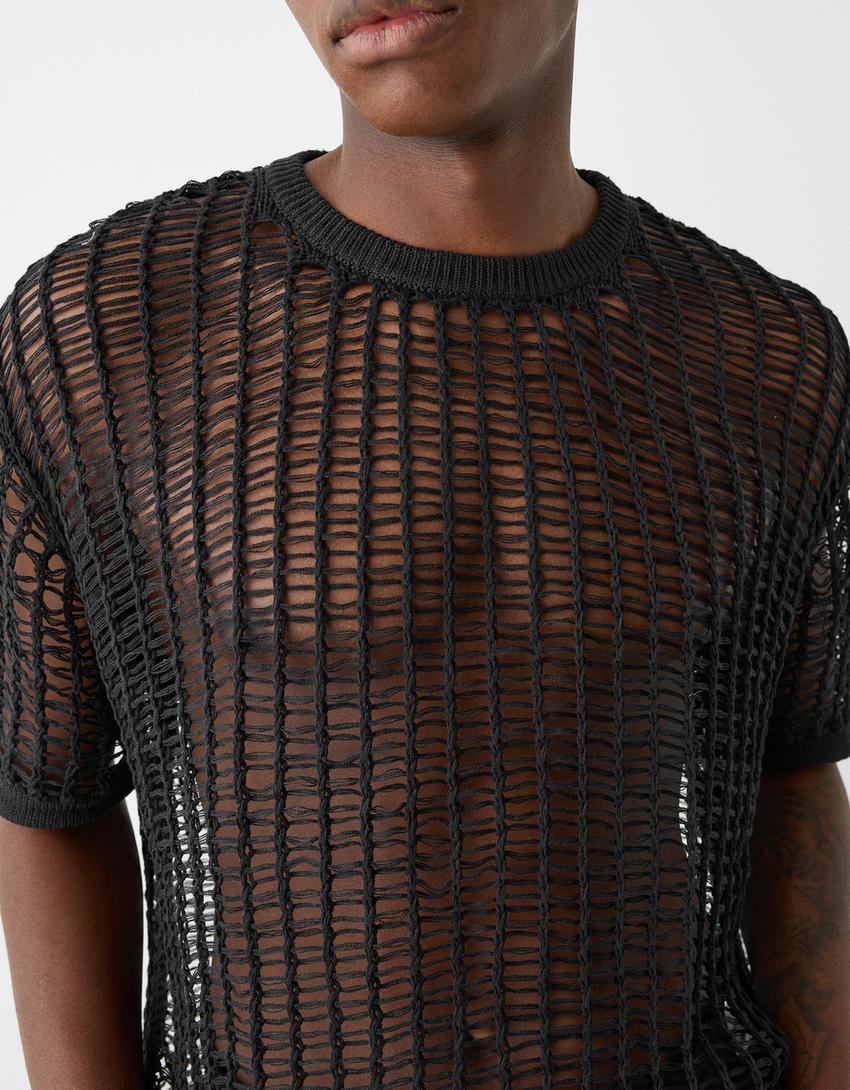 تيشرت بتصميم مثقب وأكمام قصيرة-أسود-5