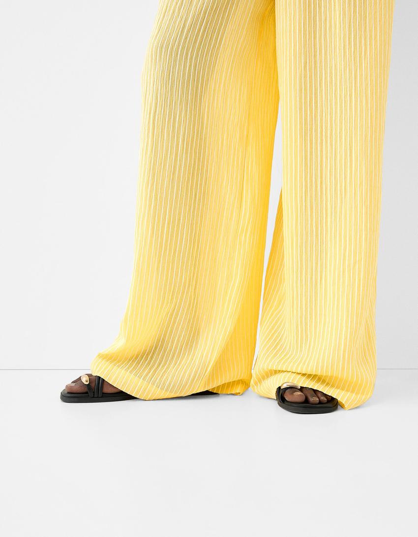 Striped wide-leg creased-effect trousers-Yellow-6