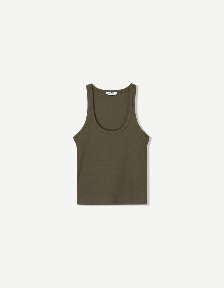 Sleeveless ribbed T-shirt-Khaki-3
