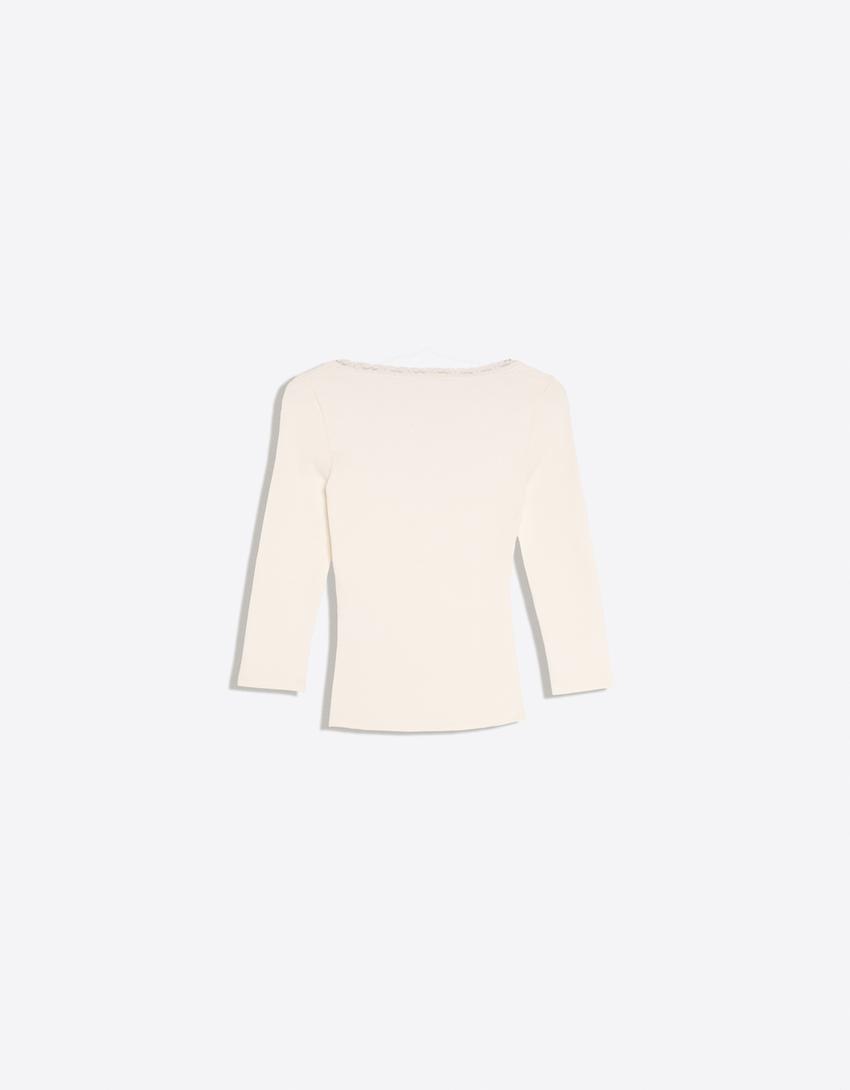 Lace V-neck long sleeve T-shirt-Off white