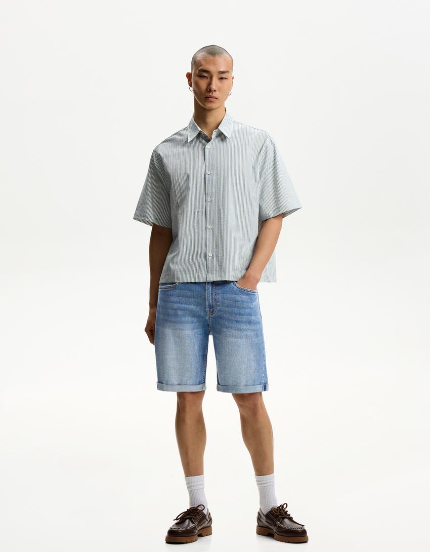 Bermuda denim bas retroussé-Bleu lavé