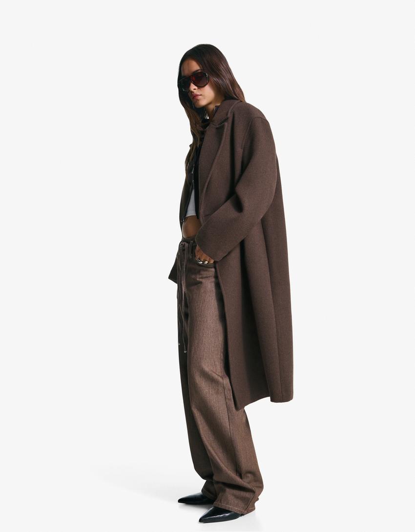 Long drop-shoulder coat-Brown-2