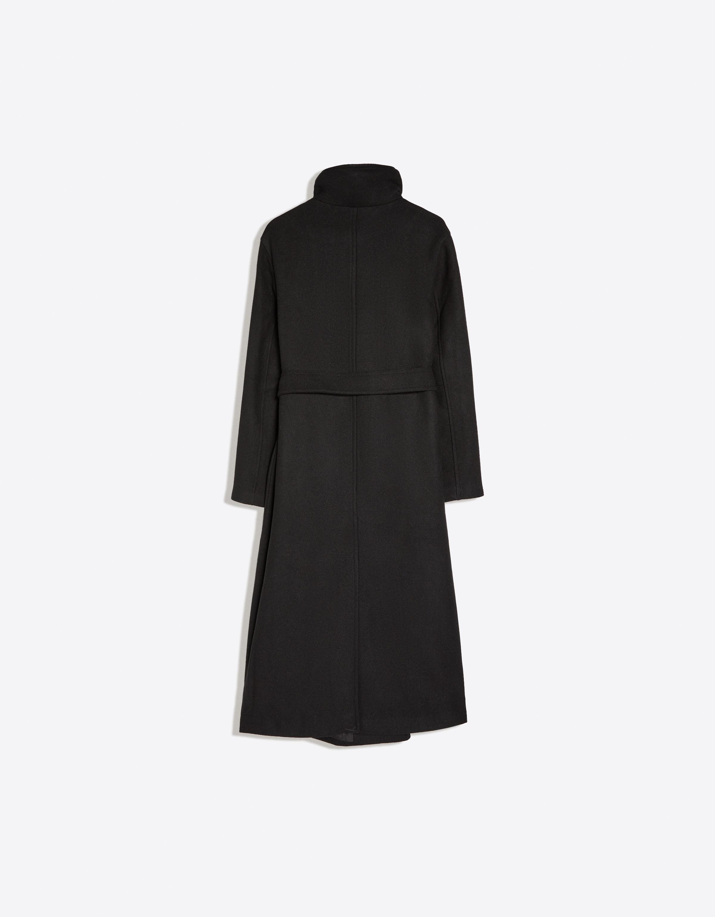 Long funnel neck coat with belt — Black