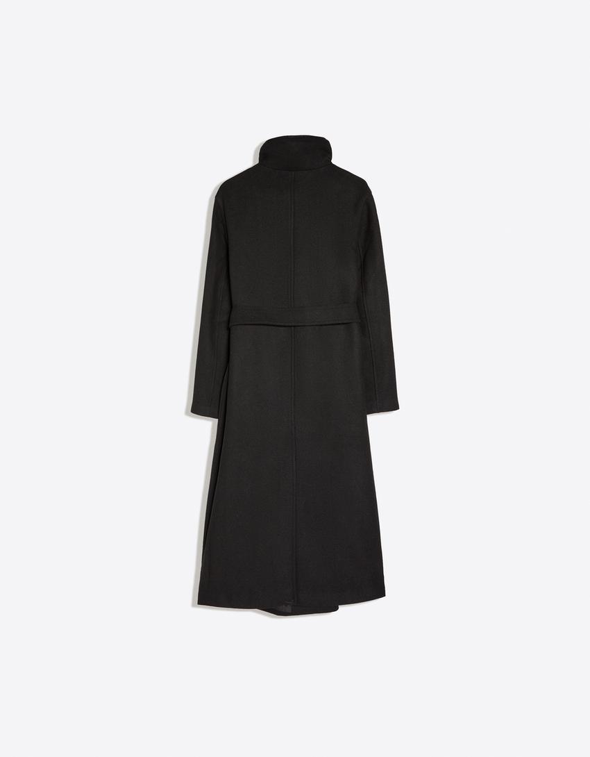 Long funnel neck belted coat-Black