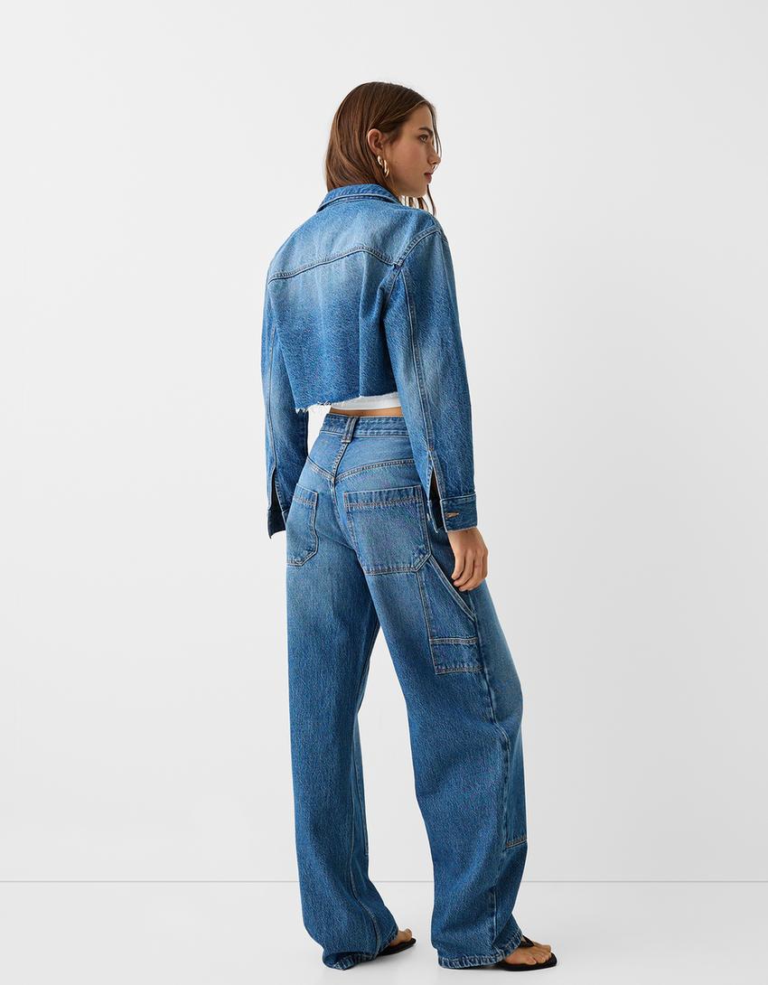 Cropped denim workwear jacket-Light blue-1