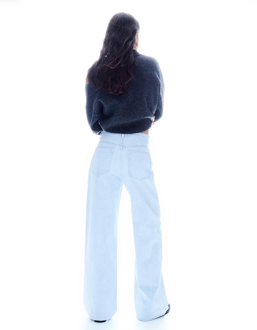 Çapraz belli yüksek bel geniş paça jean-Açık mavi