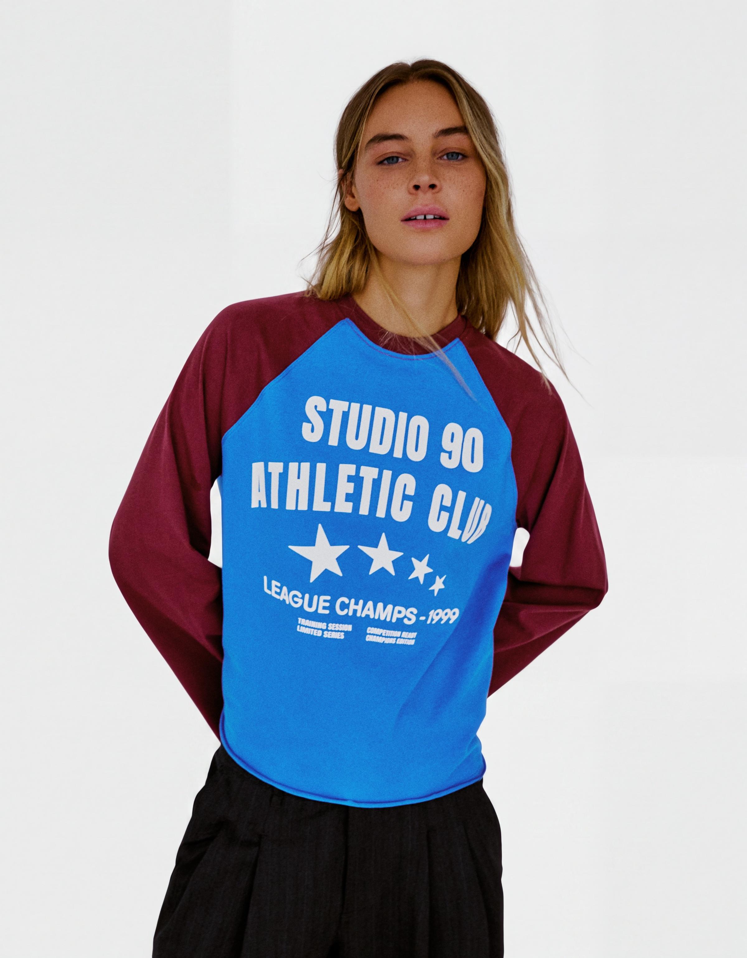 Long-sleeve contrast print raglan T-shirt — Blue