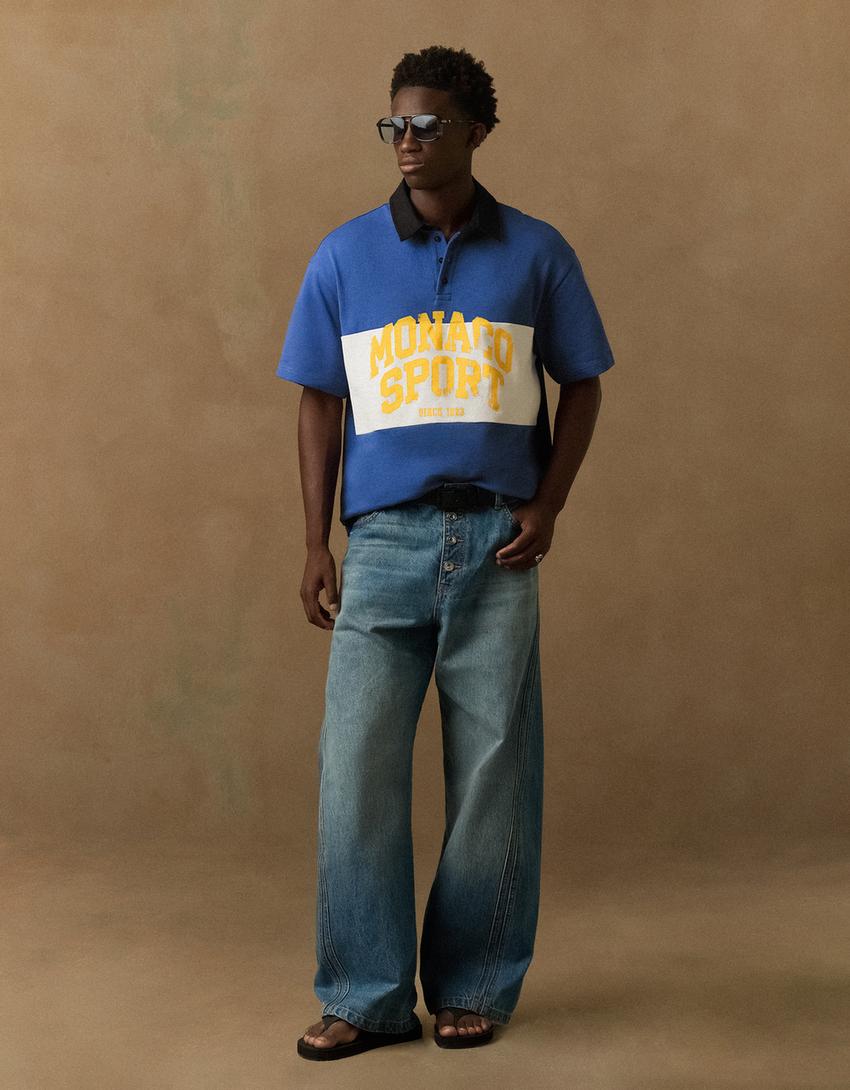 Kurzarm-Polohemd mit Print-Blau