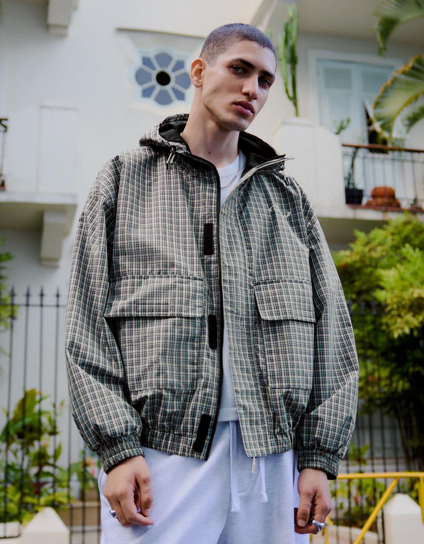 Oversize kareli teknik ceket-Açık mavi