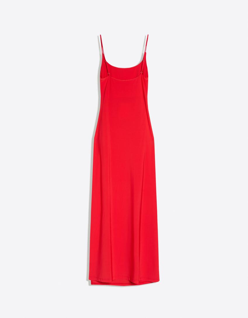 Ruched strap midi dress-Coral