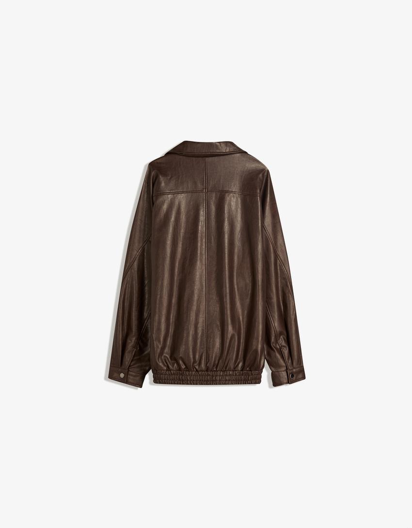 Oversize faux leather jacket-Brown-4