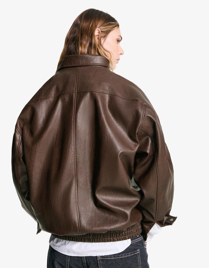 Oversize faux leather jacket-Brown-2