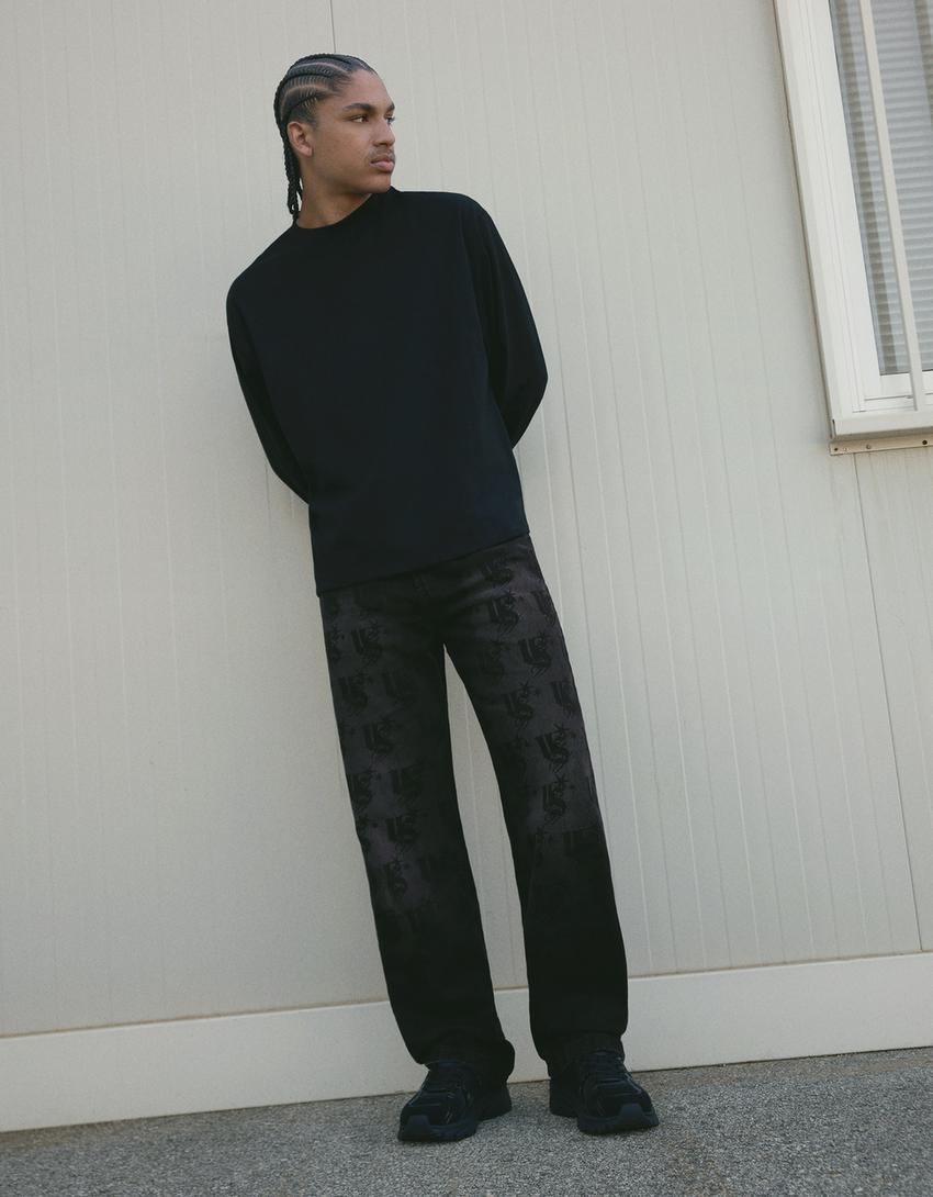 Straight-leg jeans met laserprint-Zwart