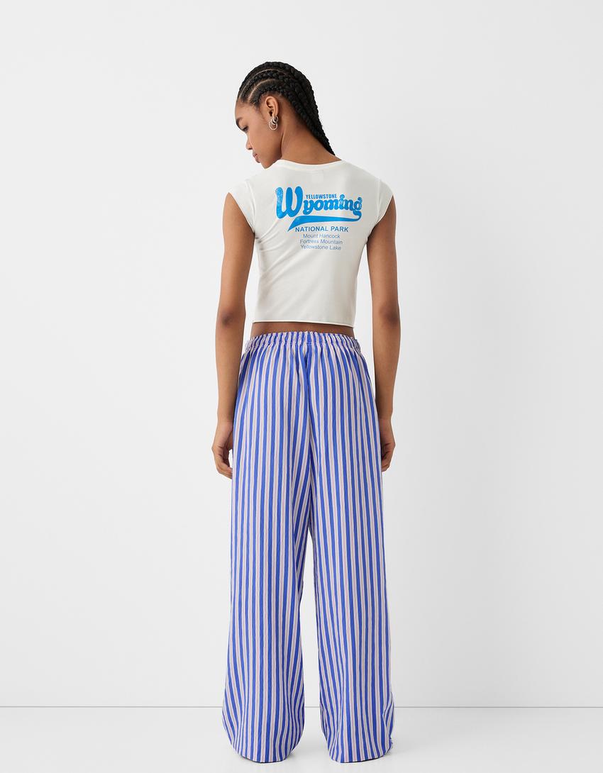 Flowing striped trousers with elastic waistband-Blue-2
