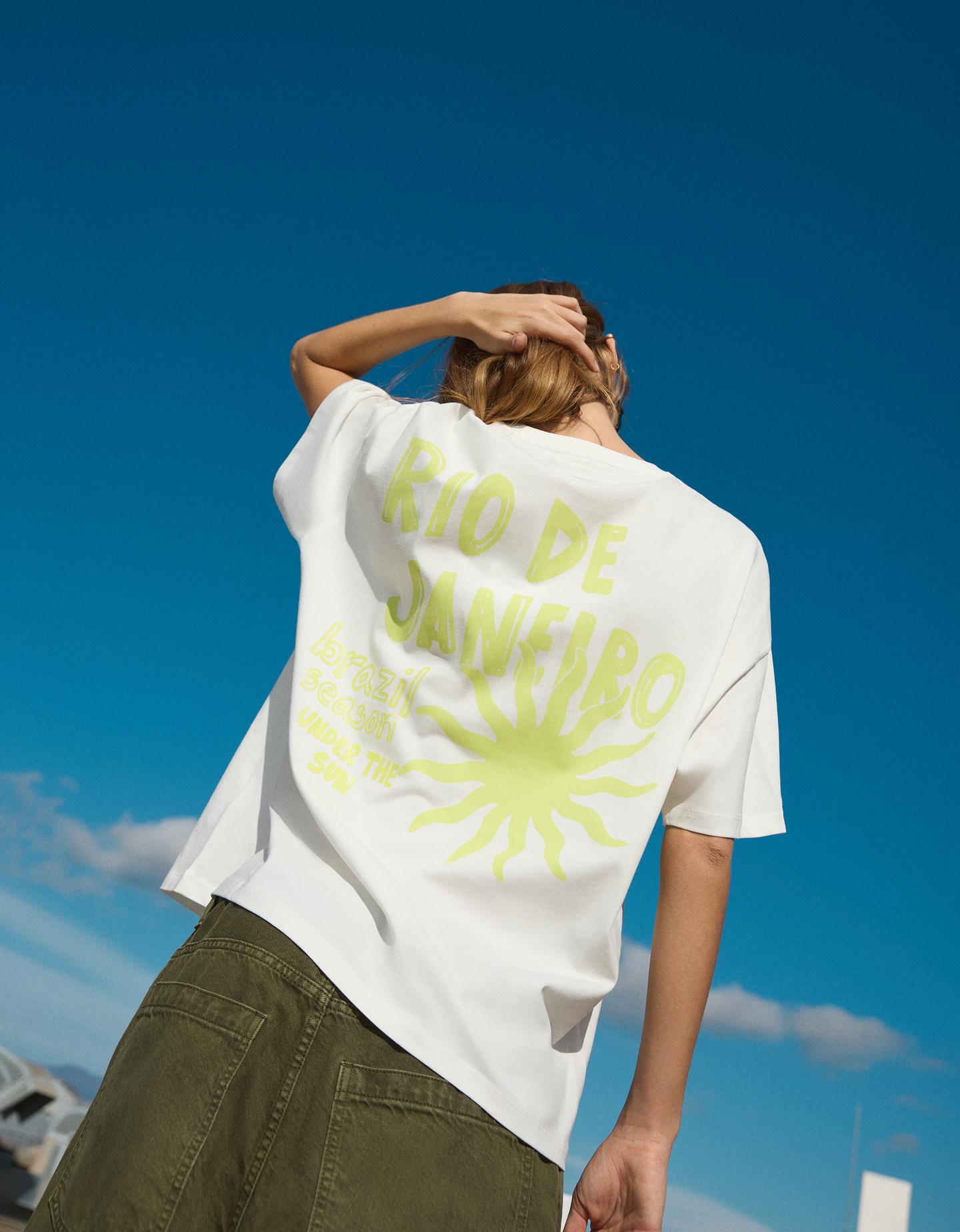 Bershka Camiseta Manga Corta Print Mujer Blanco Roto