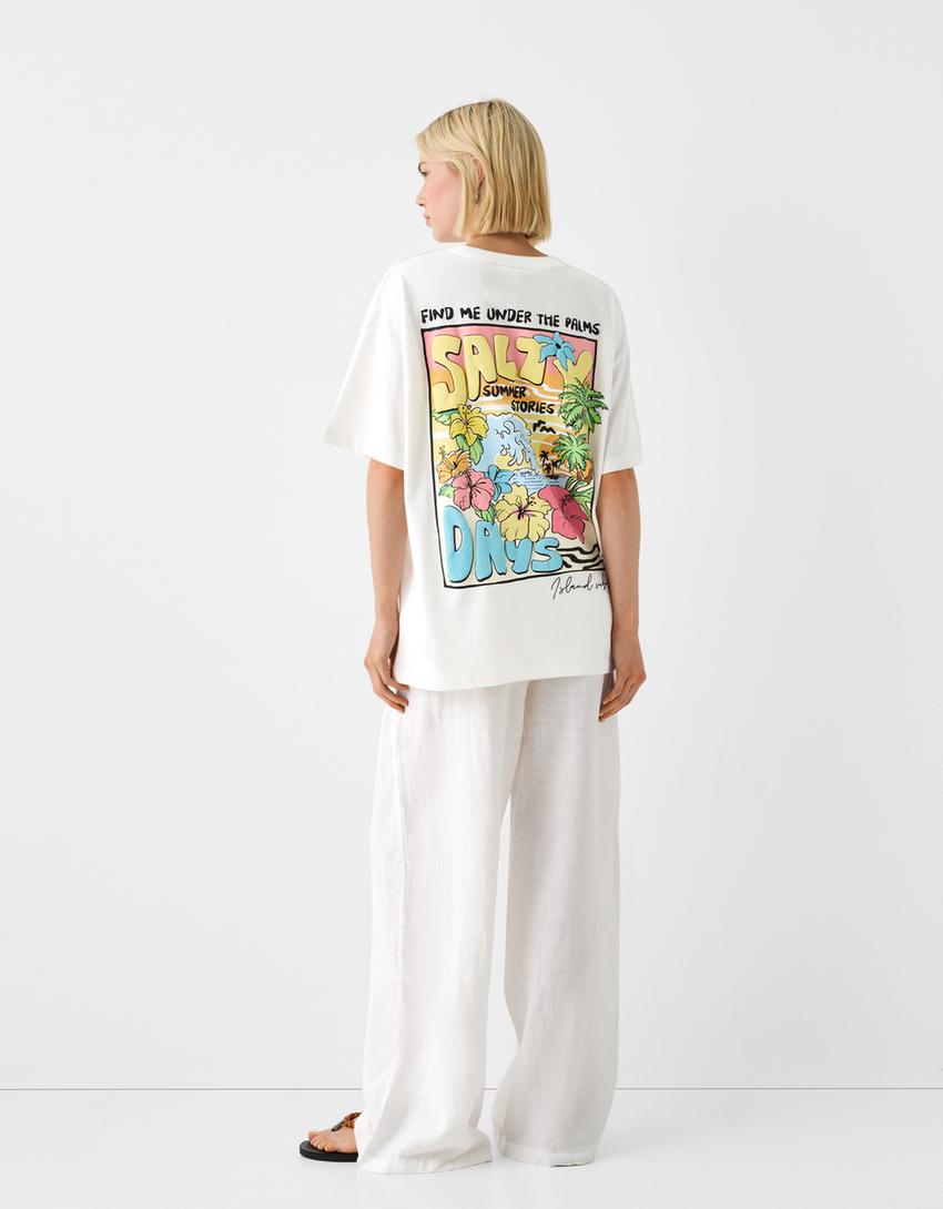 T-shirt manga curta oversize estampado-Cru-1