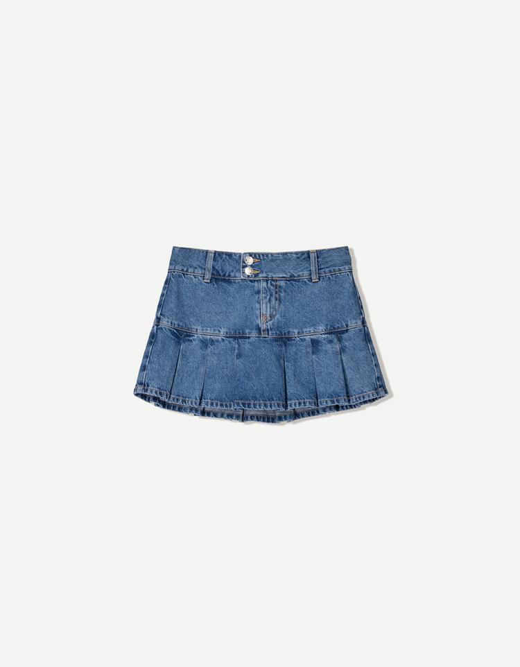 Denim box pleat mini skirt