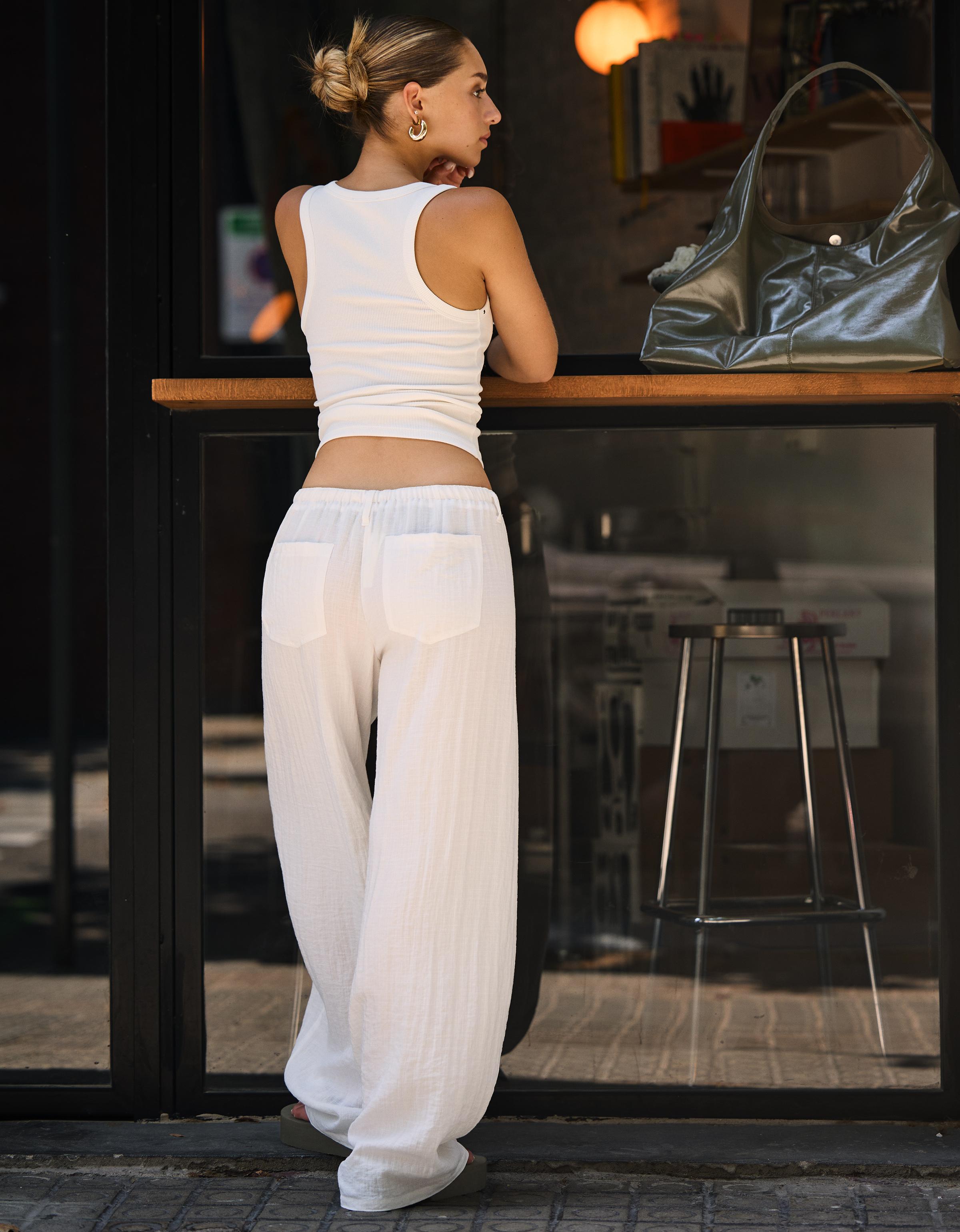 Bershka Hose Mit Weitem Bein Im Rustikalen Stil Damen 44 Grbrochenes Weiss