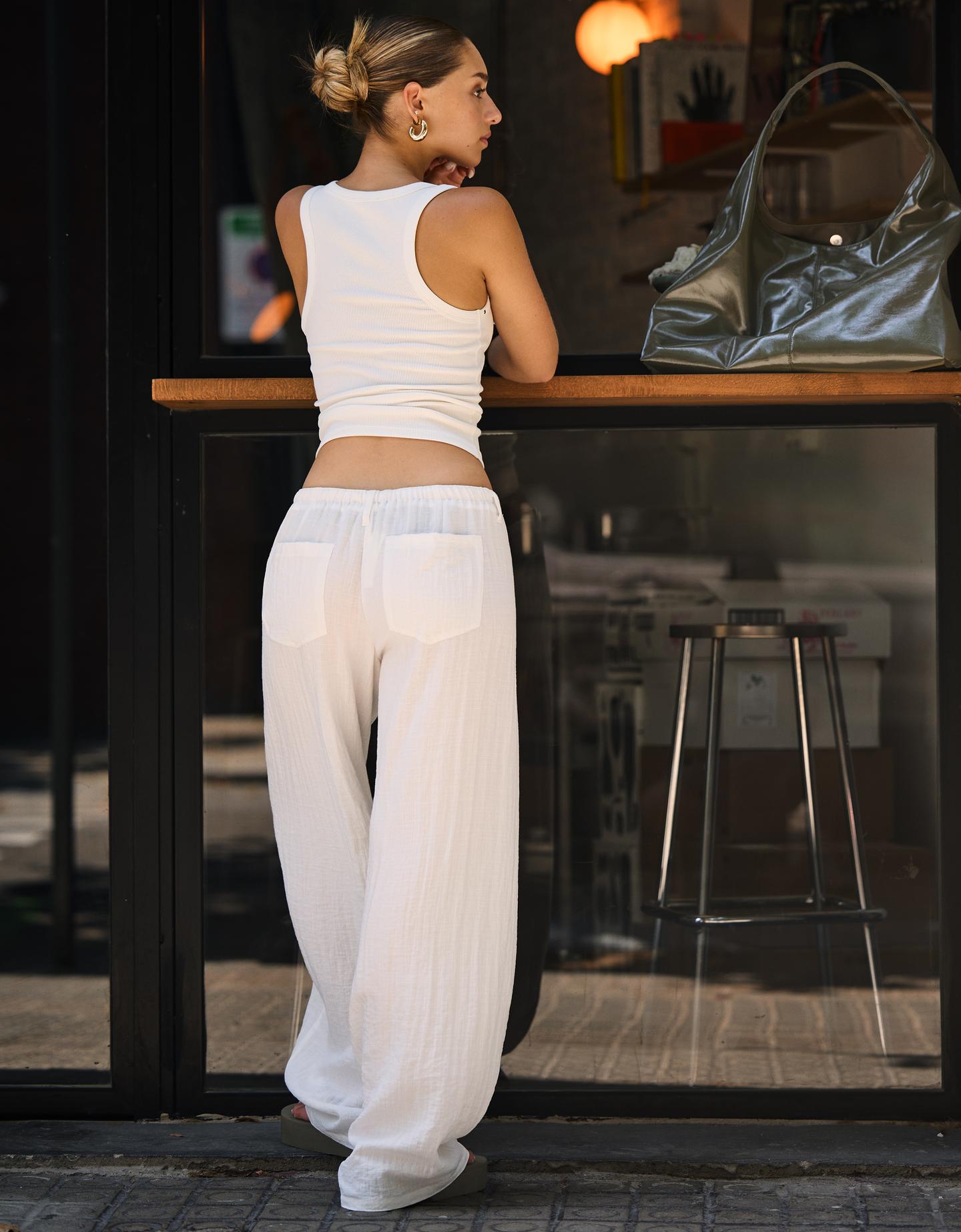 Bershka rustykalne spodnie z szerokimi nogawkami biały złamany