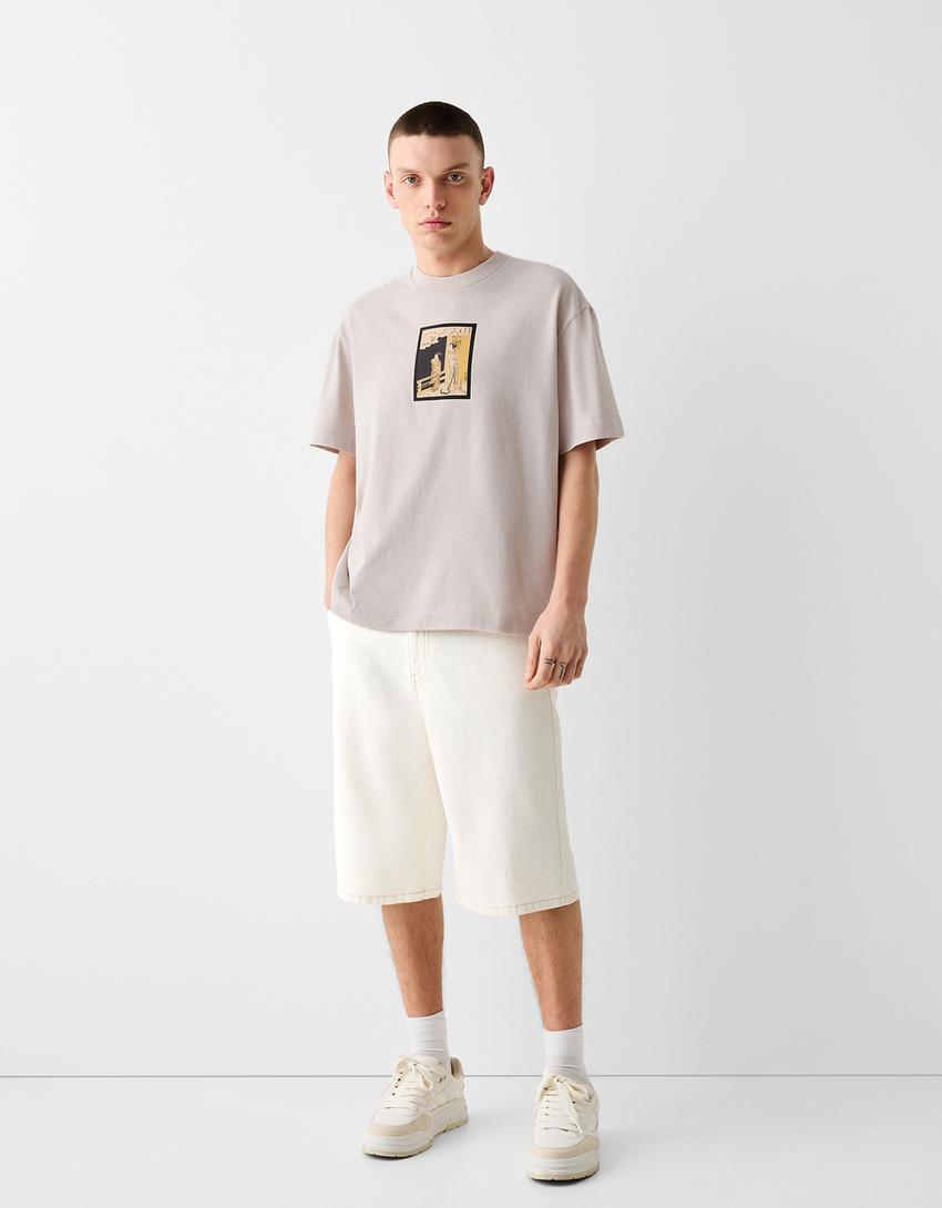 T-shirt manches courtes boxy fit imprimé-Camel-3