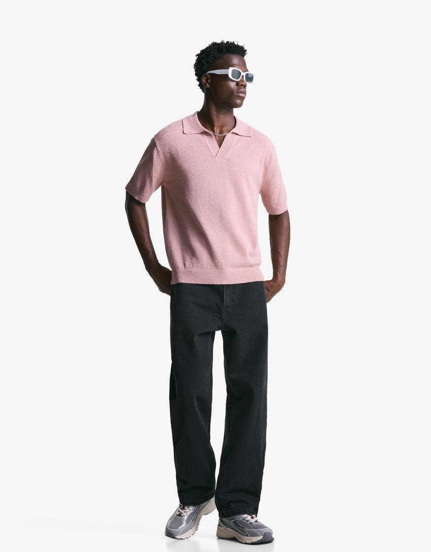 Textured terry polo shirt-Pink