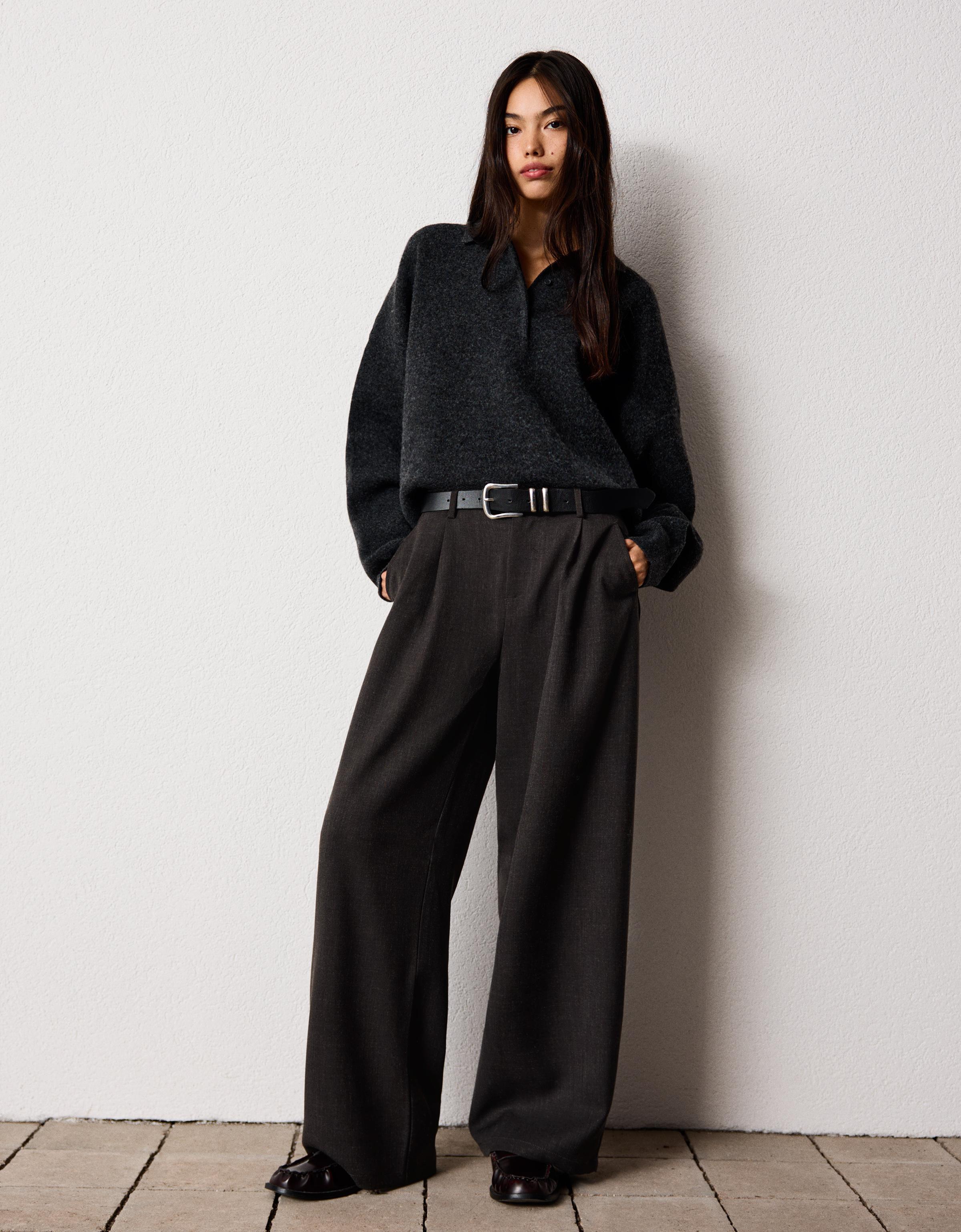 Bershka Voluminöse Hose Aus Doppeltem Stoff Damen 36 Grau