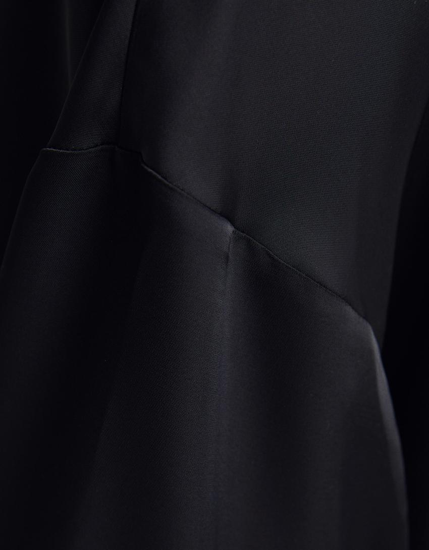Satin long sleeve cropped shirt-Black-5