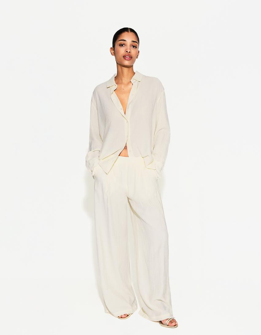 Pantalon wide leg fluide texturé cordon-Écru