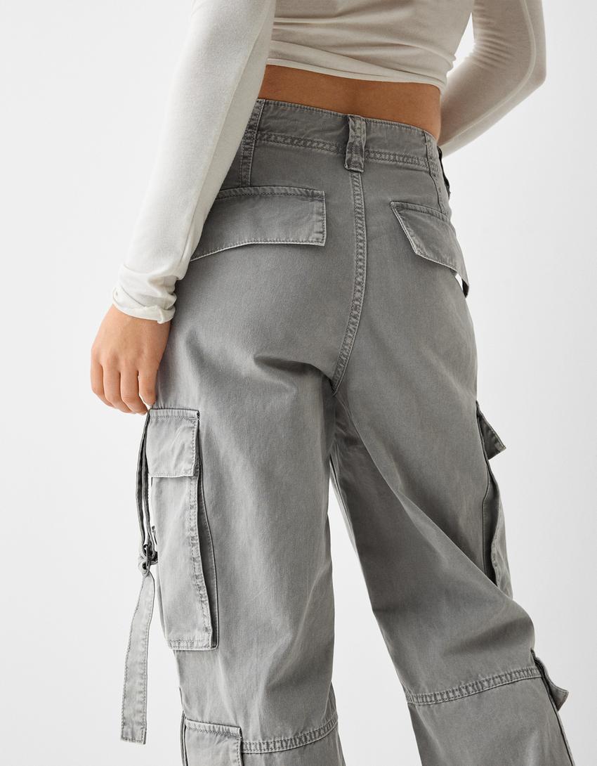 Cotton cargo trousers with straps-Grey