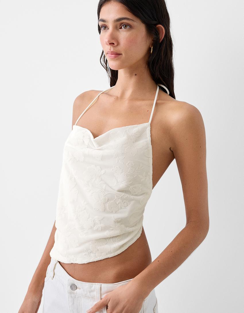 توب شريطي بملمس بارز وطبعة زهور-أبيض مطفي-2