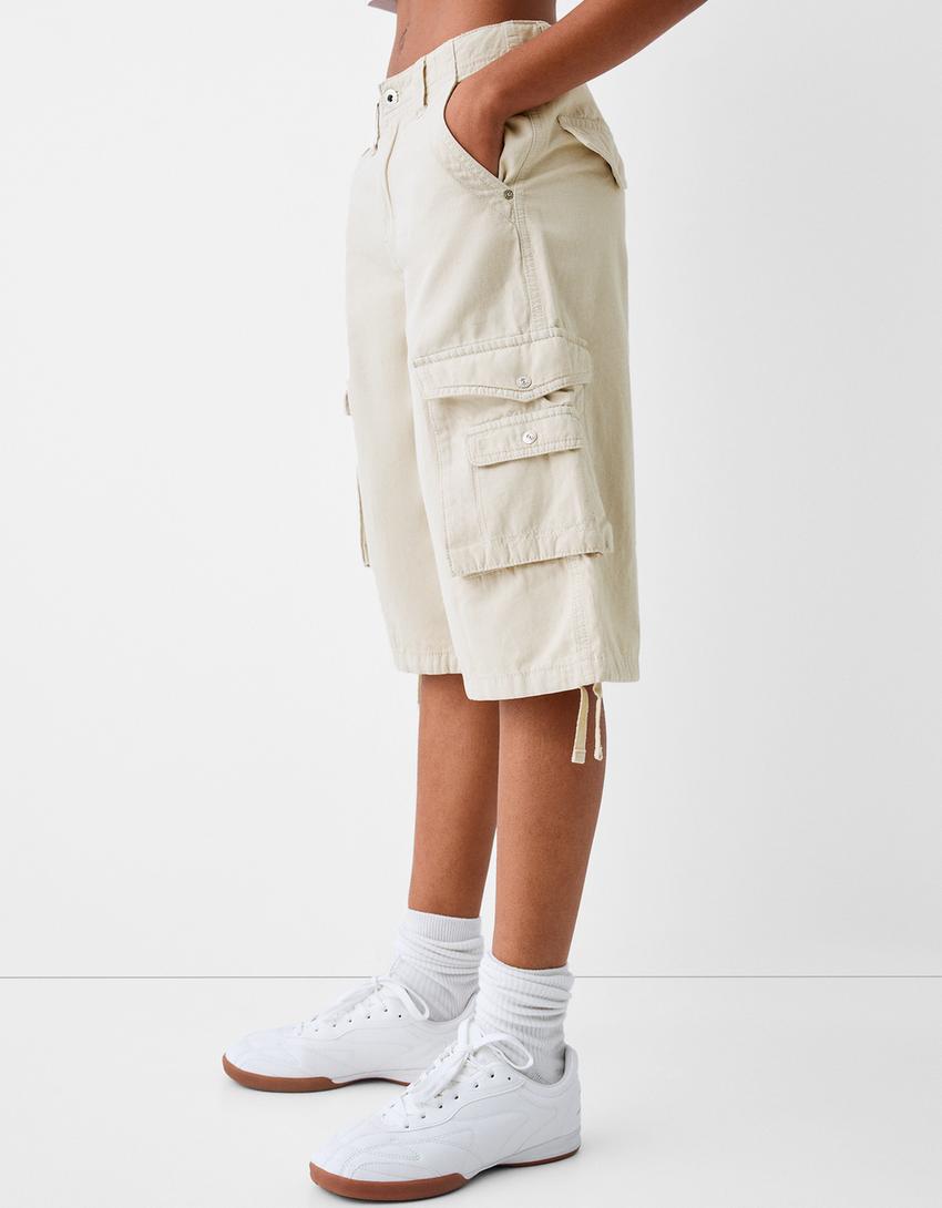 Pamuklu kargo baggy bermuda şort-Krem-3