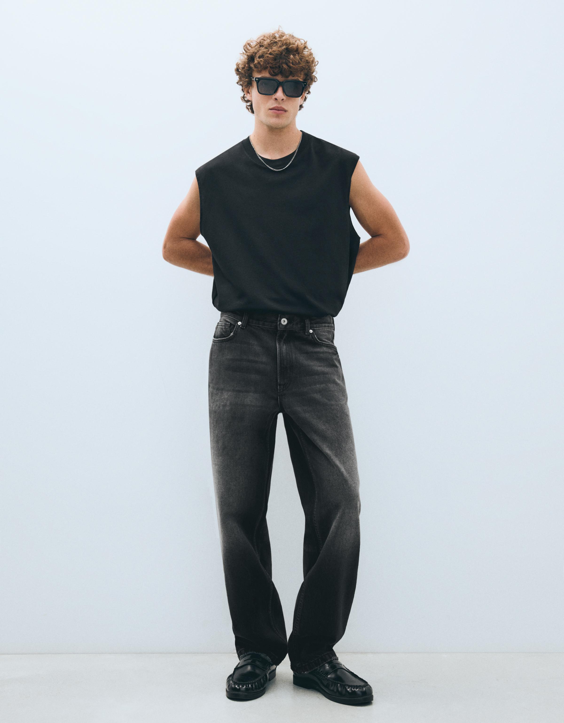 Bershka Jeans Straight Wide Hombre 32 Negro