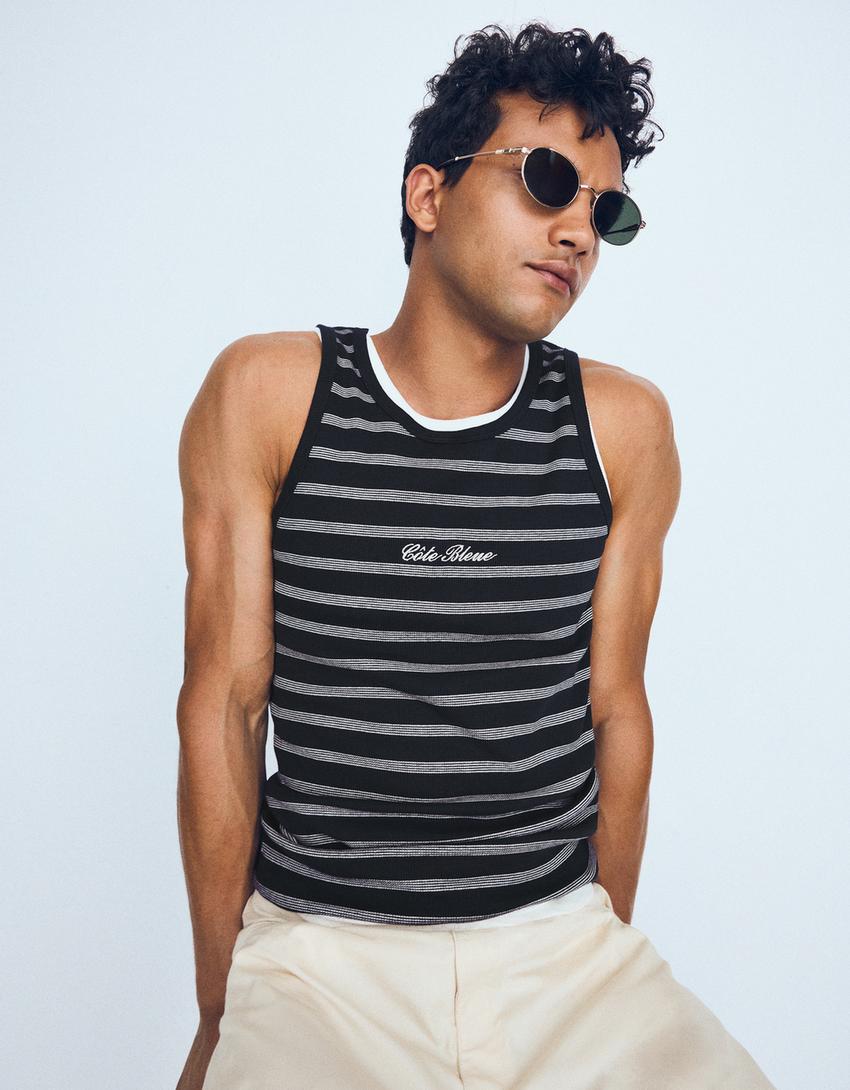 Ribbed striped contrast strappy T-shirt-Navy