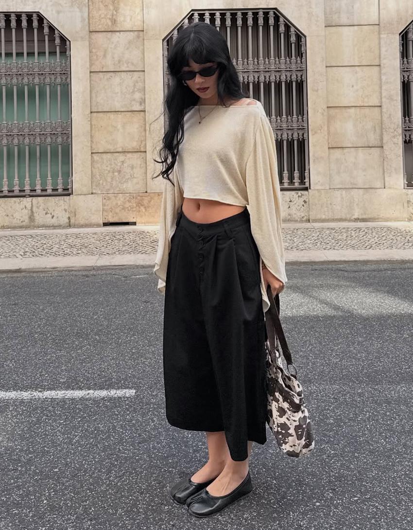 Çizgili culotte bermuda-Siyah