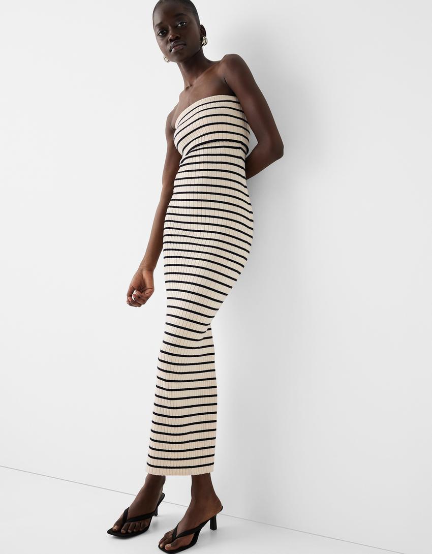 Striped bandeau midi dress-Cream