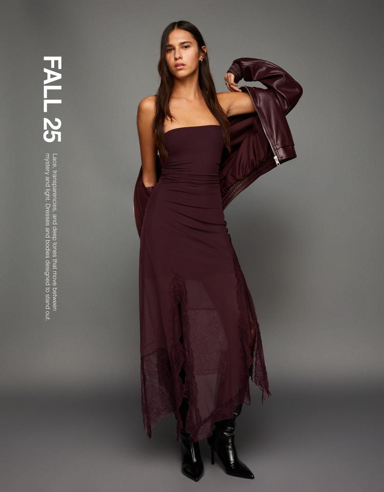 Asymmetric lace bandeau tulle midi dress