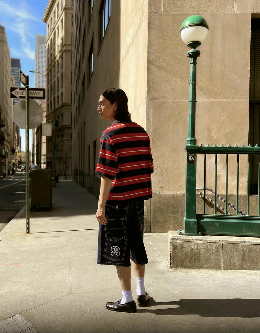 Contrast denim skater Bermuda shorts-Navy