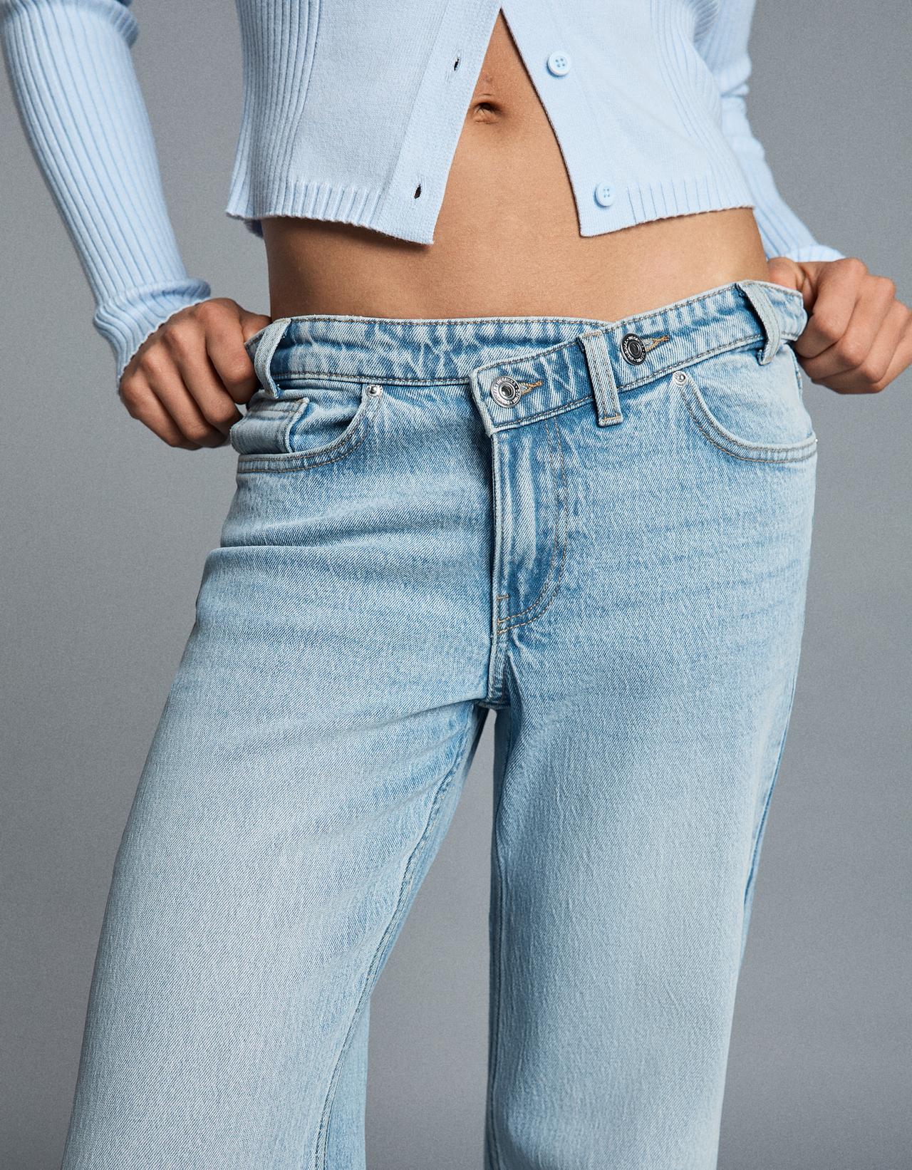 Wide-leg straight-fit jeans with crossover waist — Light blue