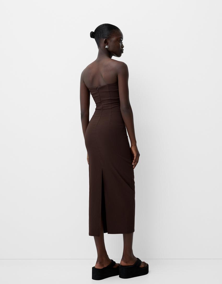 فستان متوسط الطول بدون حمالات-بني-2