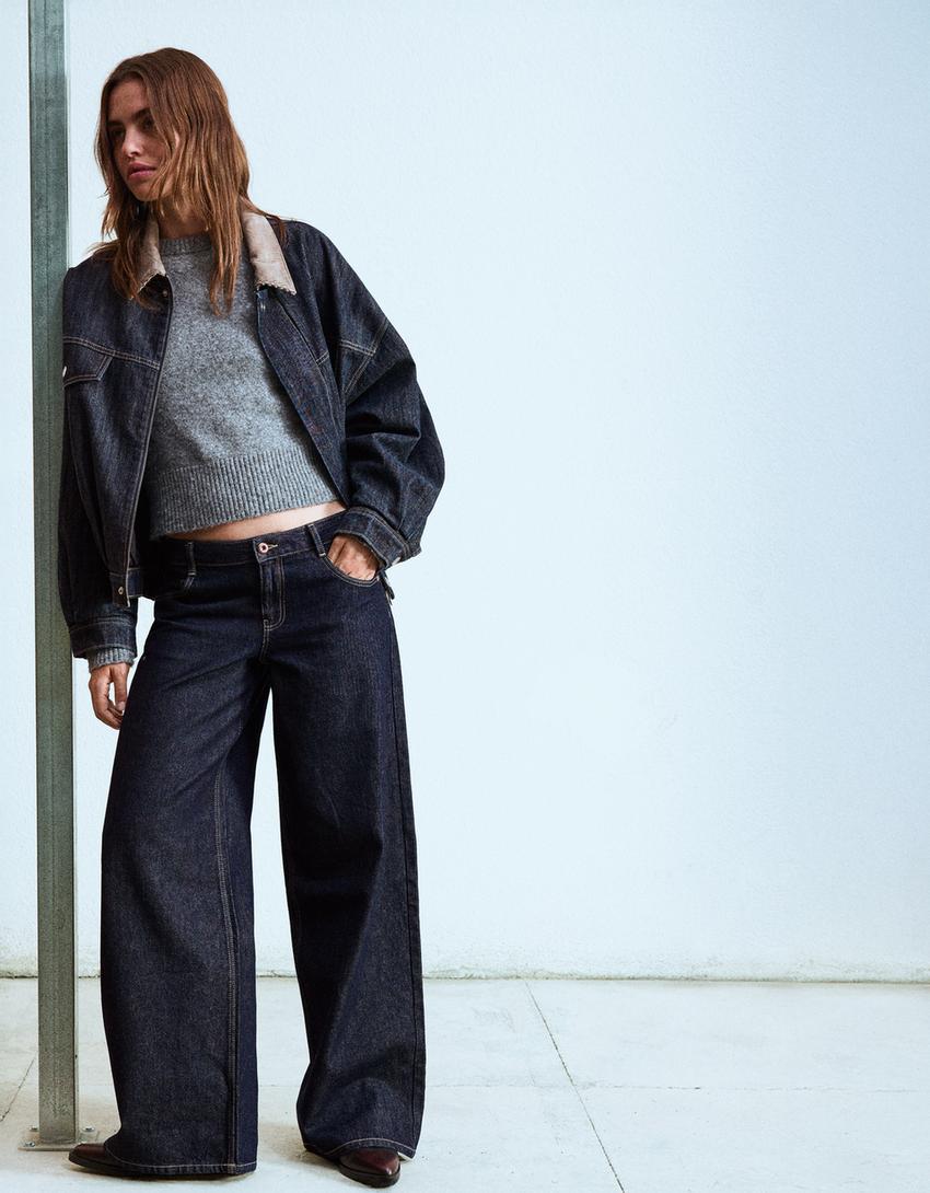 Wide-leg low-waist jeans-Navy