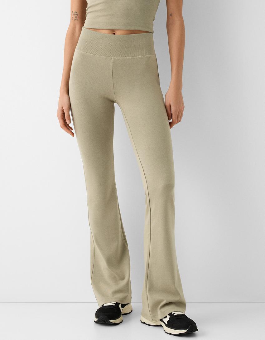 Ribbed waist flared trousers-Khaki-1