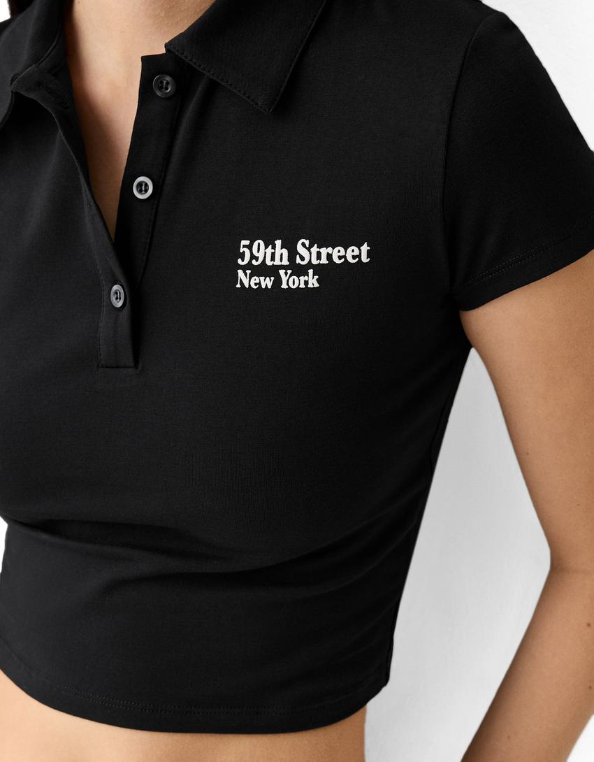 Printed short sleeve T-shirt with a polo collar-Black