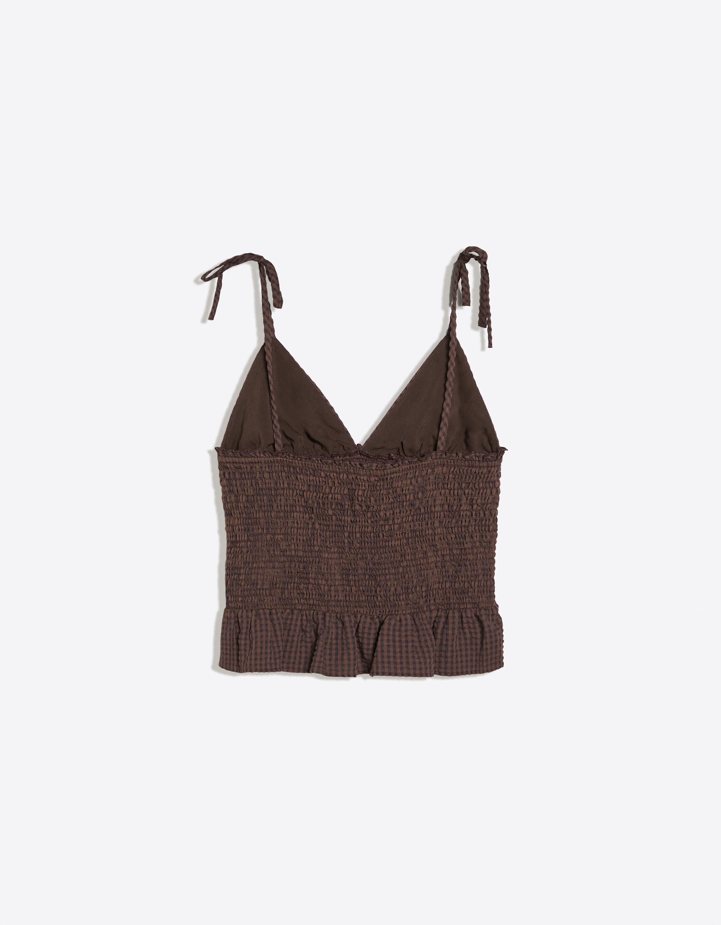 Smocked check strappy top — Brown